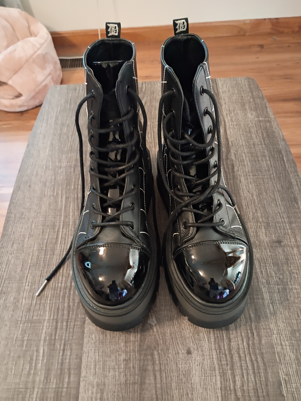 Women's Black Patent Toe Combat Boots - High-Gloss Lace-Up